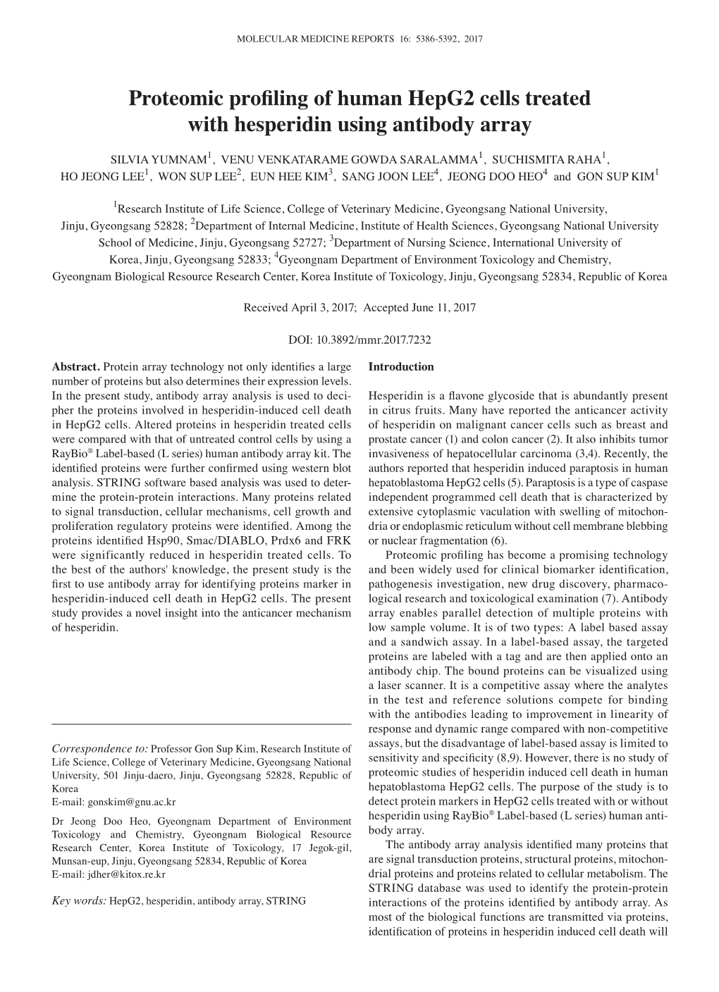 Proteomic Profiling of Human Hepg2 Cells Treated with Hesperidin Using Antibody Array