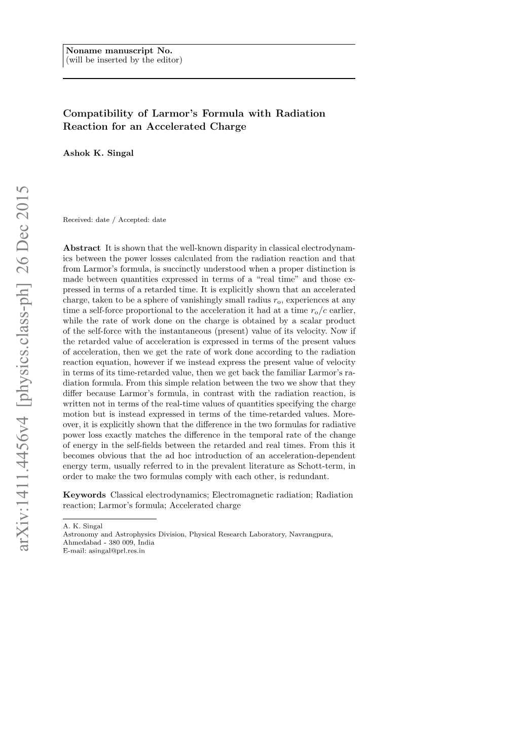 Compatibility of Larmor's Formula with Radiation Reaction for a Radiating