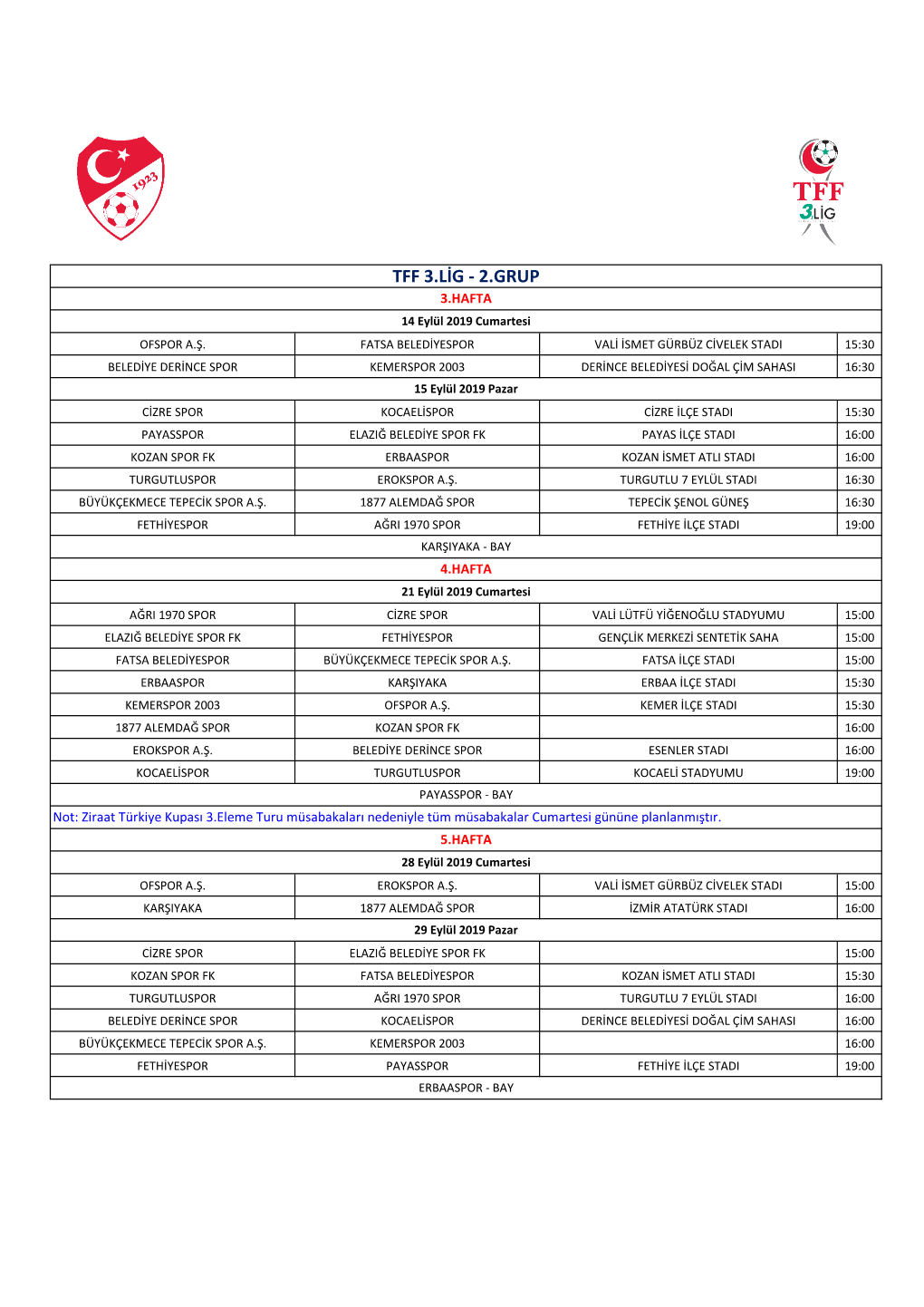 TFF 3.LİG - 2.GRUP 3.HAFTA 14 Eylül 2019 Cumartesi OFSPOR A.Ş