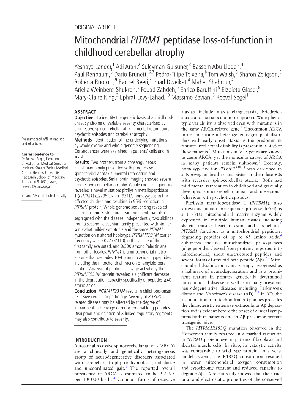 Mitochondrial PITRM1 Peptidase Loss-Of-Function in Childhood