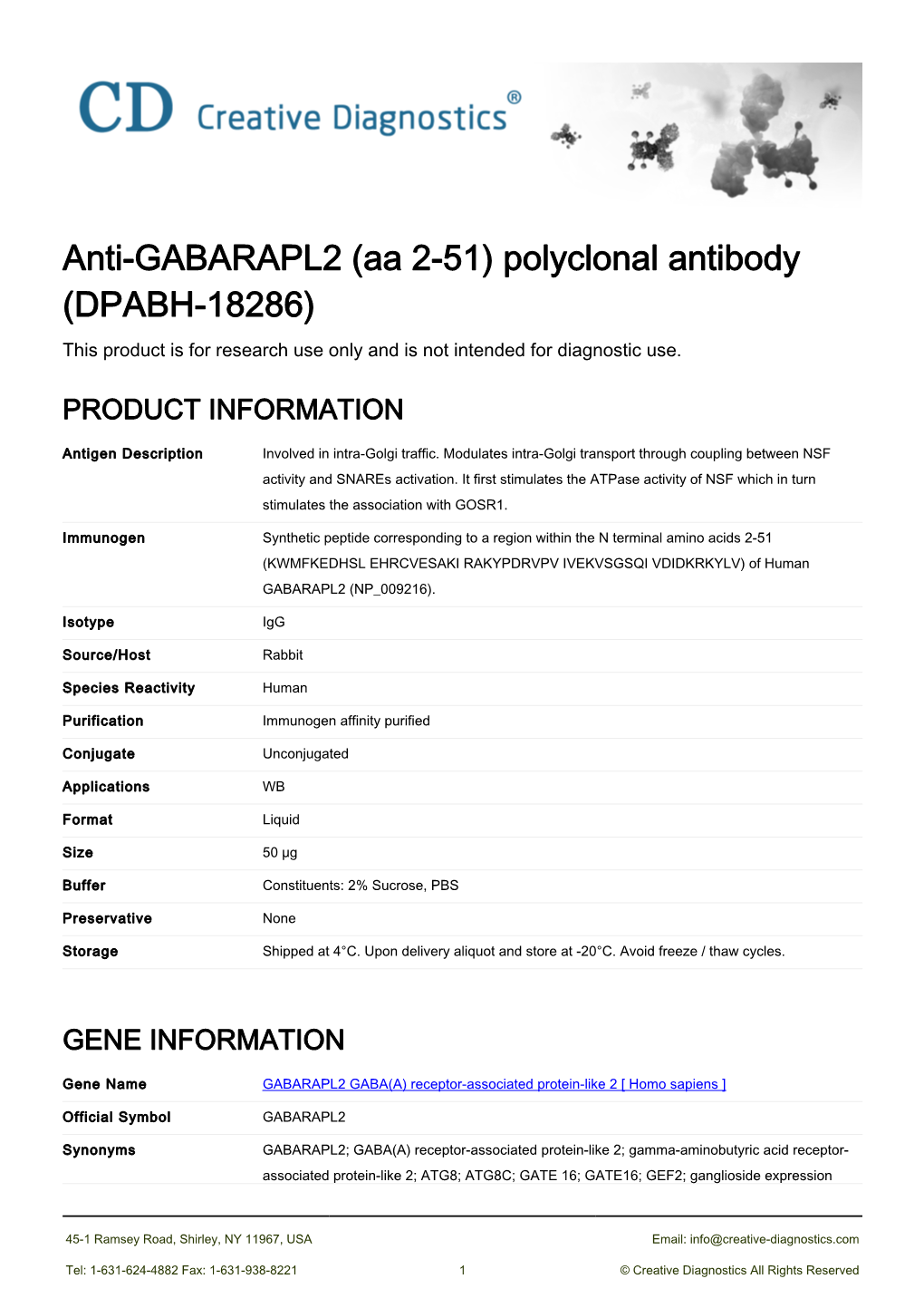 Anti-GABARAPL2 (Aa 2-51) Polyclonal Antibody (DPABH-18286) This Product Is for Research Use Only and Is Not Intended for Diagnostic Use