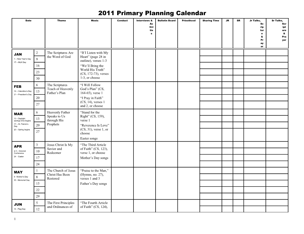 2011 Primary Planning Calendar