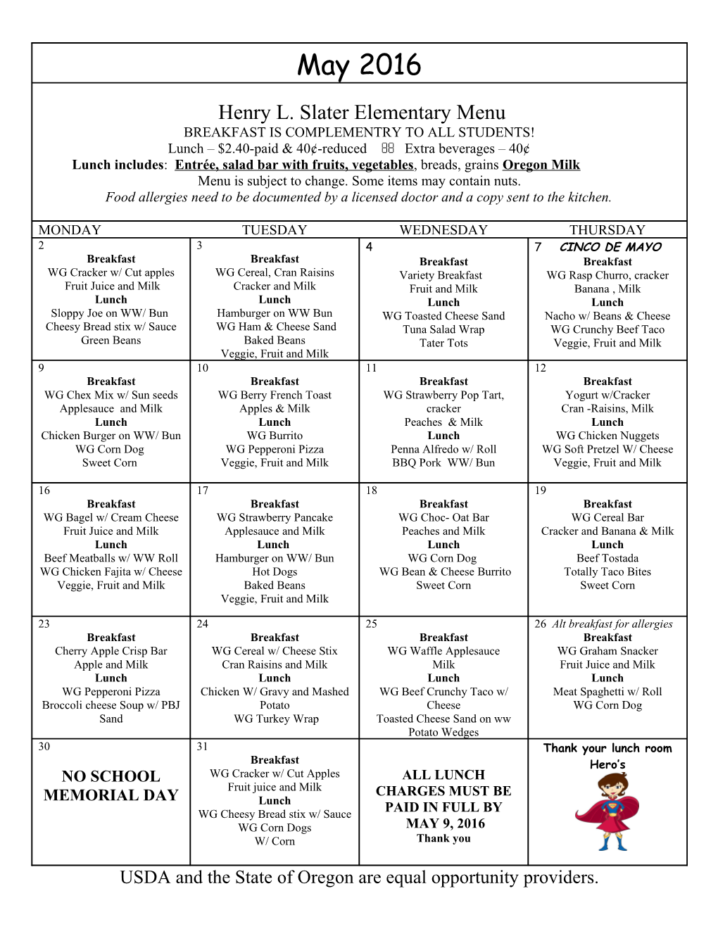 Henry L. Slater Elementary Menu