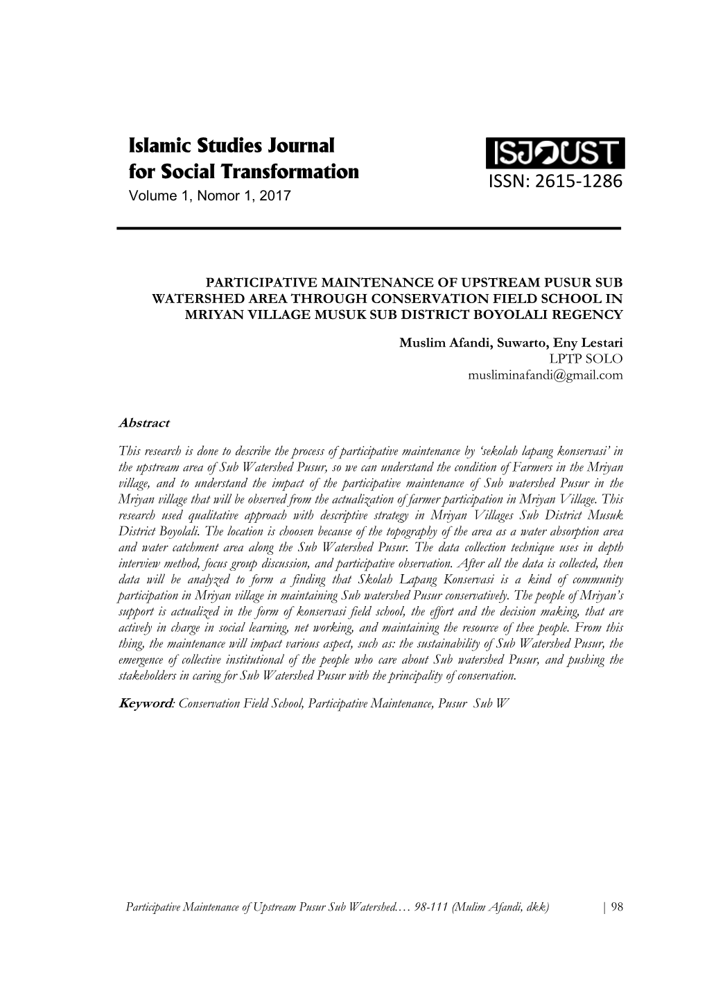 Islamic Studies Journal for Social Transformation ISSN: 2615-1286