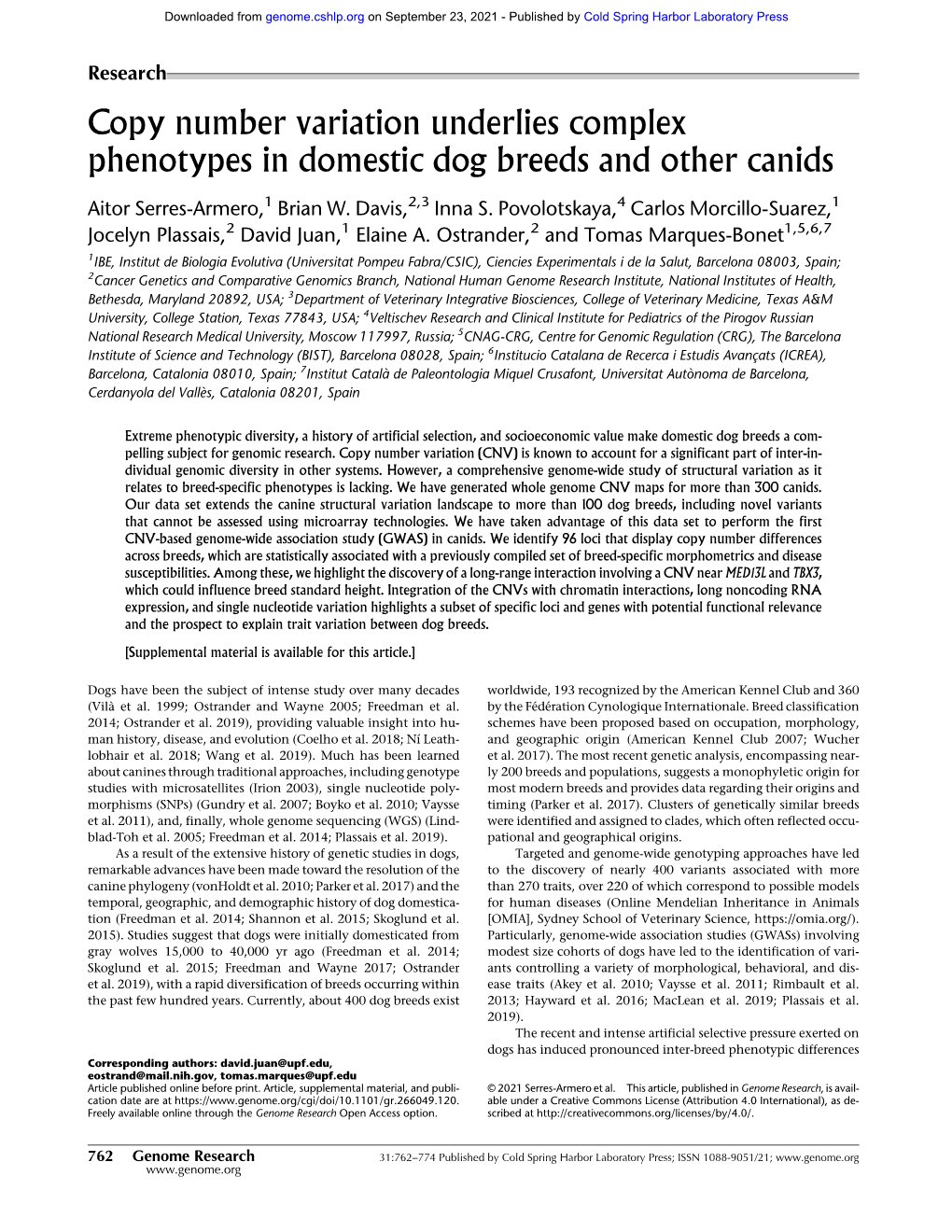 Copy Number Variation Underlies Complex Phenotypes in Domestic Dog Breeds and Other Canids