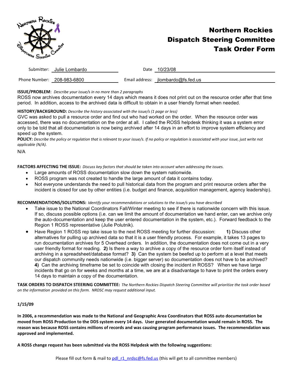 Northern Rockies Dispatch Steering Committee Task Order Form