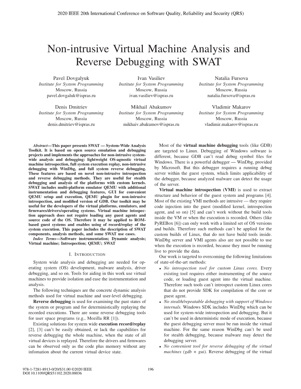 Non-Intrusive Virtual Machine Analysis and Reverse Debugging with SWAT