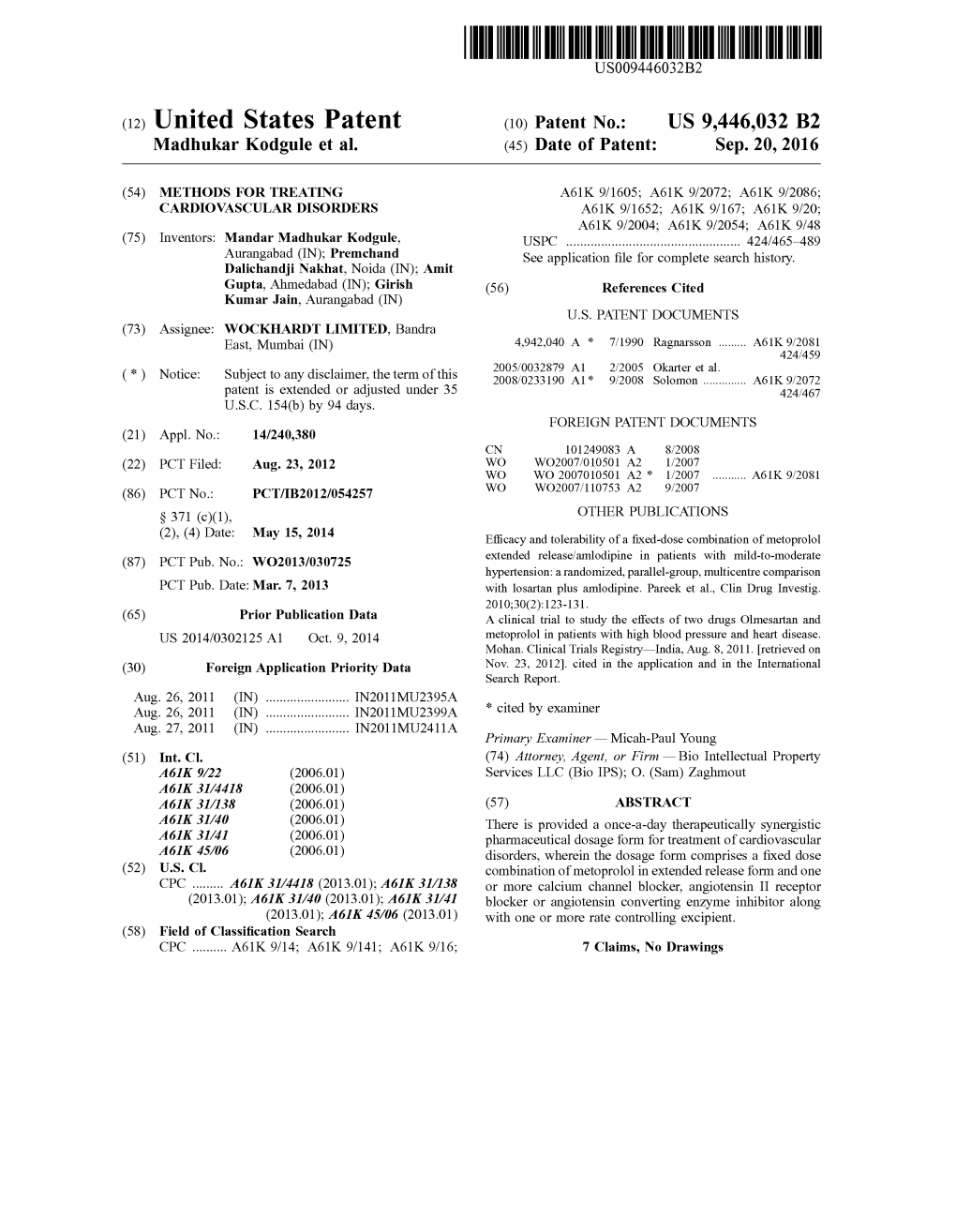 (12) United States Patent (10) Patent No.: US 9.446,032 B2 Madhukar Kodgule Et Al