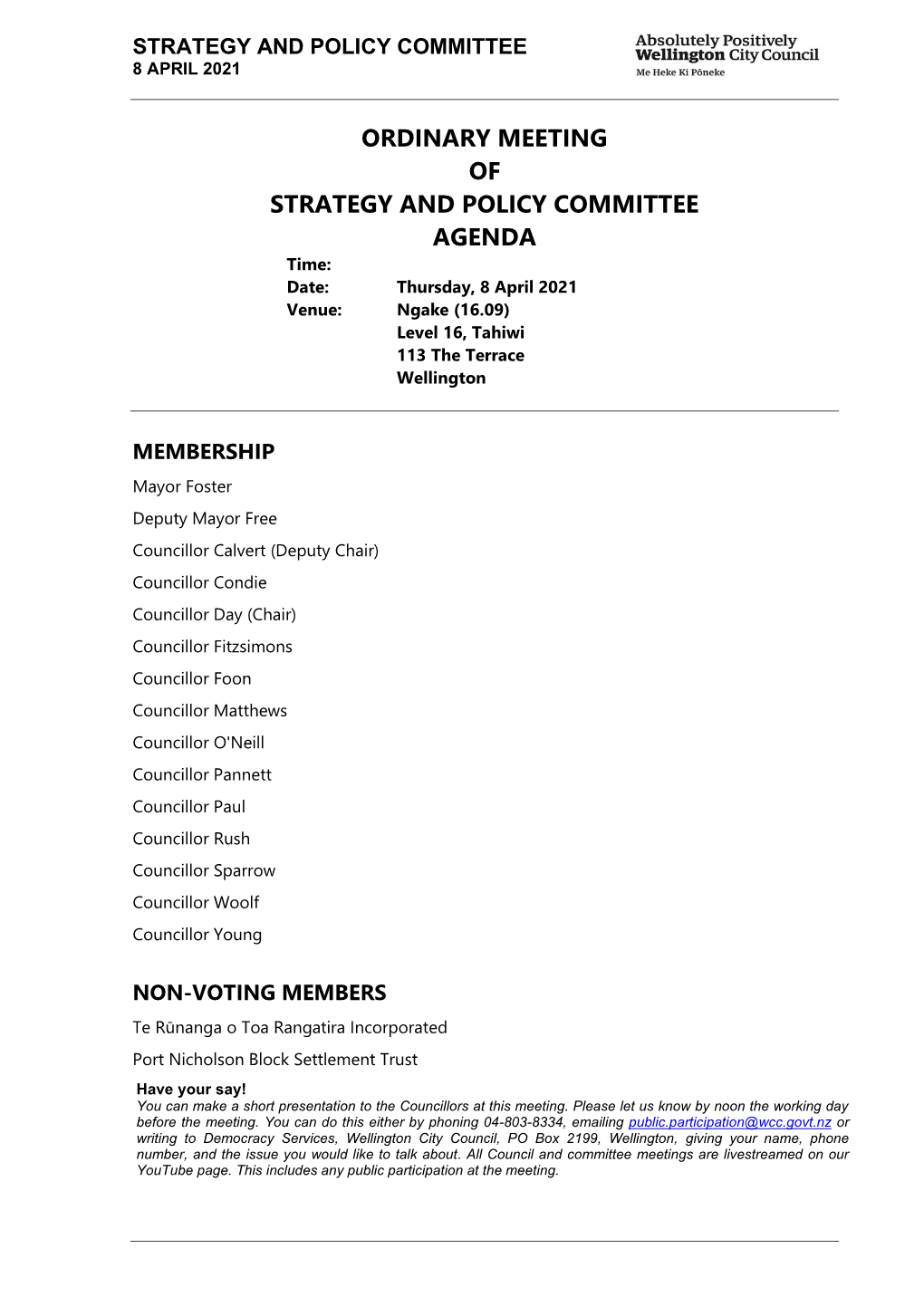 Strategy and Policy Committee Meeting Agenda 8 April 2021
