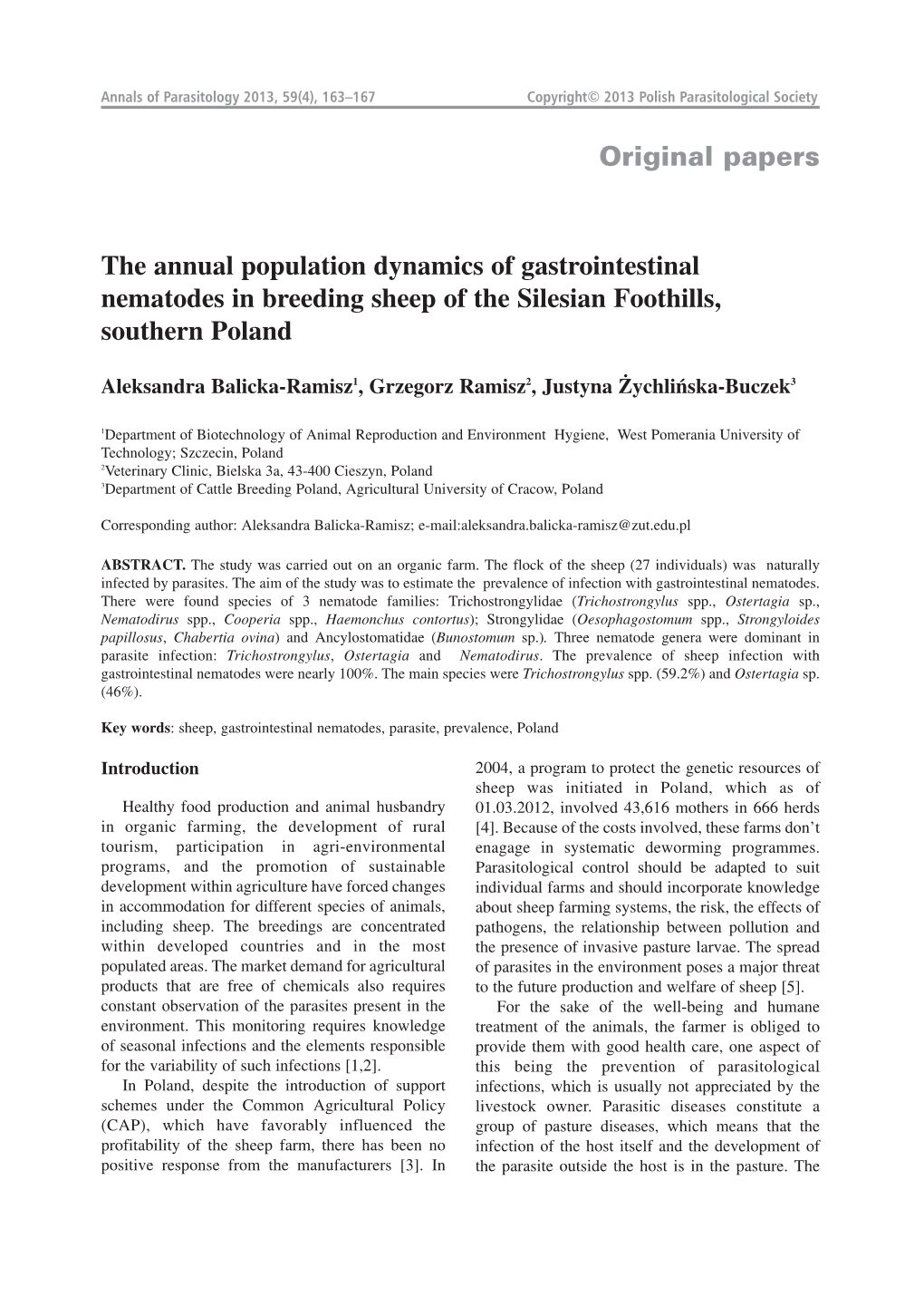 Original Papers the Annual Population Dynamics of Gastrointestinal Nematodes in Breeding Sheep of the Silesian Foothills, Southe