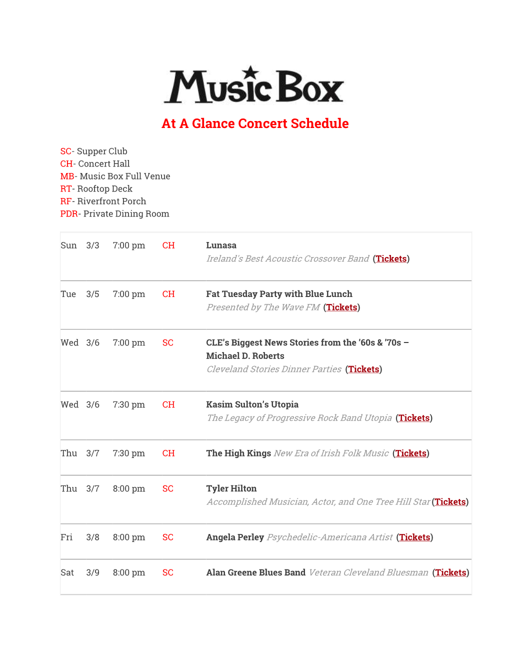 At a Glance Concert Schedule