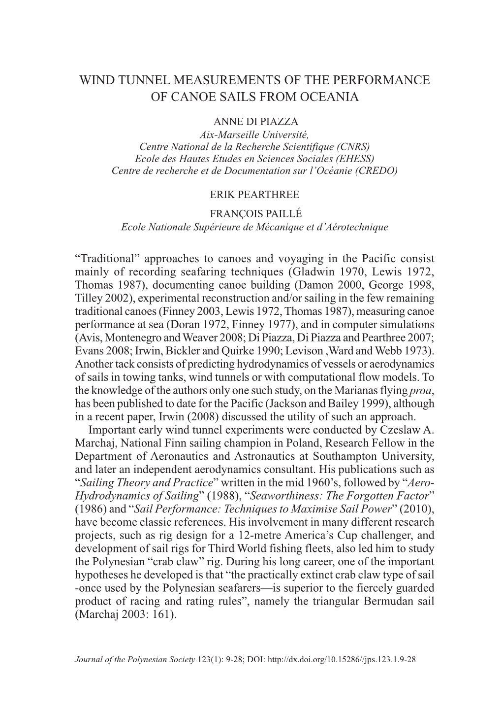 Wind Tunnel Measurements of the Performance of Canoe Sails from Oceania, by Anne Di Piazza, Erik