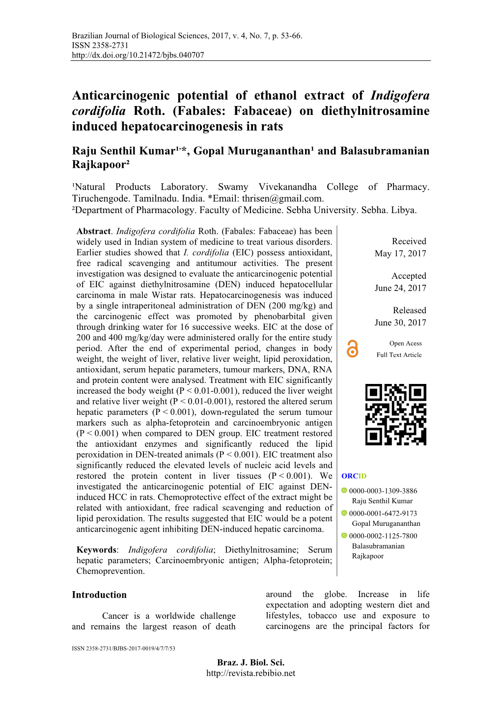 Anticarcinogenic Potential of Ethanol Extract of Indigofera Cordifolia Roth