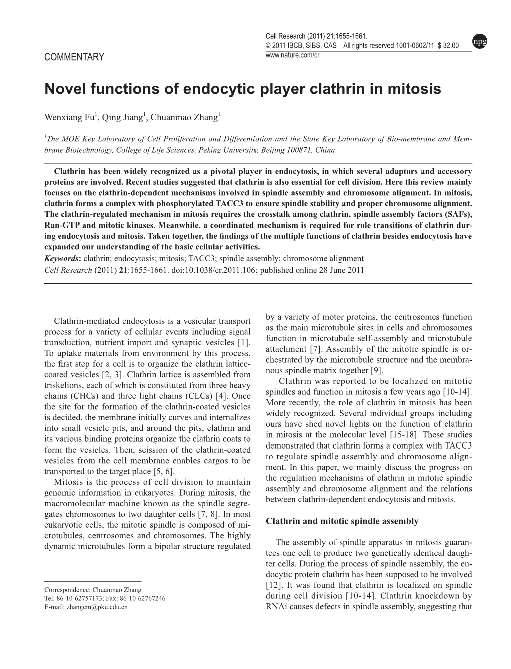 Novel Functions of Endocytic Player Clathrin in Mitosis