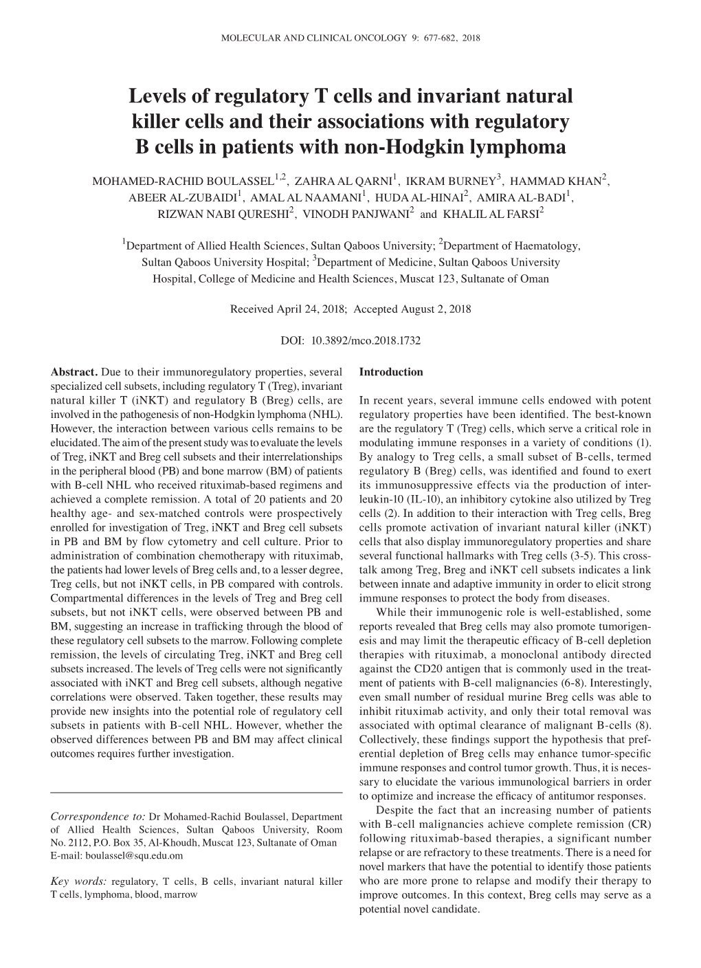 Levels of Regulatory T Cells and Invariant Natural Killer Cells and Their Associations with Regulatory B Cells in Patients with Non-Hodgkin Lymphoma