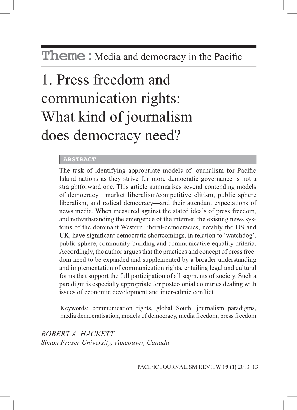 1. Press Freedom and Communication Rights: What Kind of Journalism Does Democracy Need?