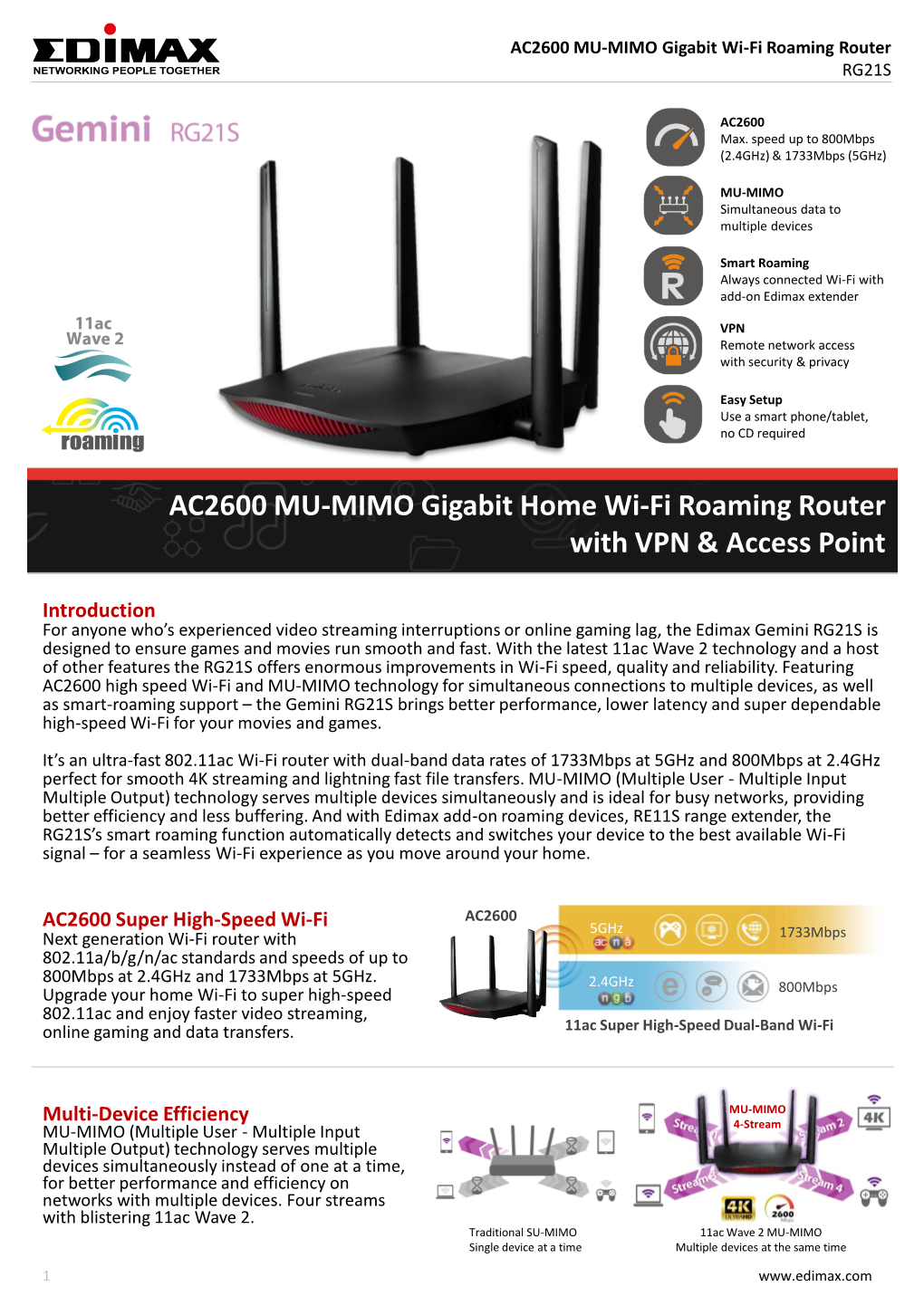AC2600 MU-MIMO Gigabit Home Wi-Fi Roaming Router with VPN & Access Point