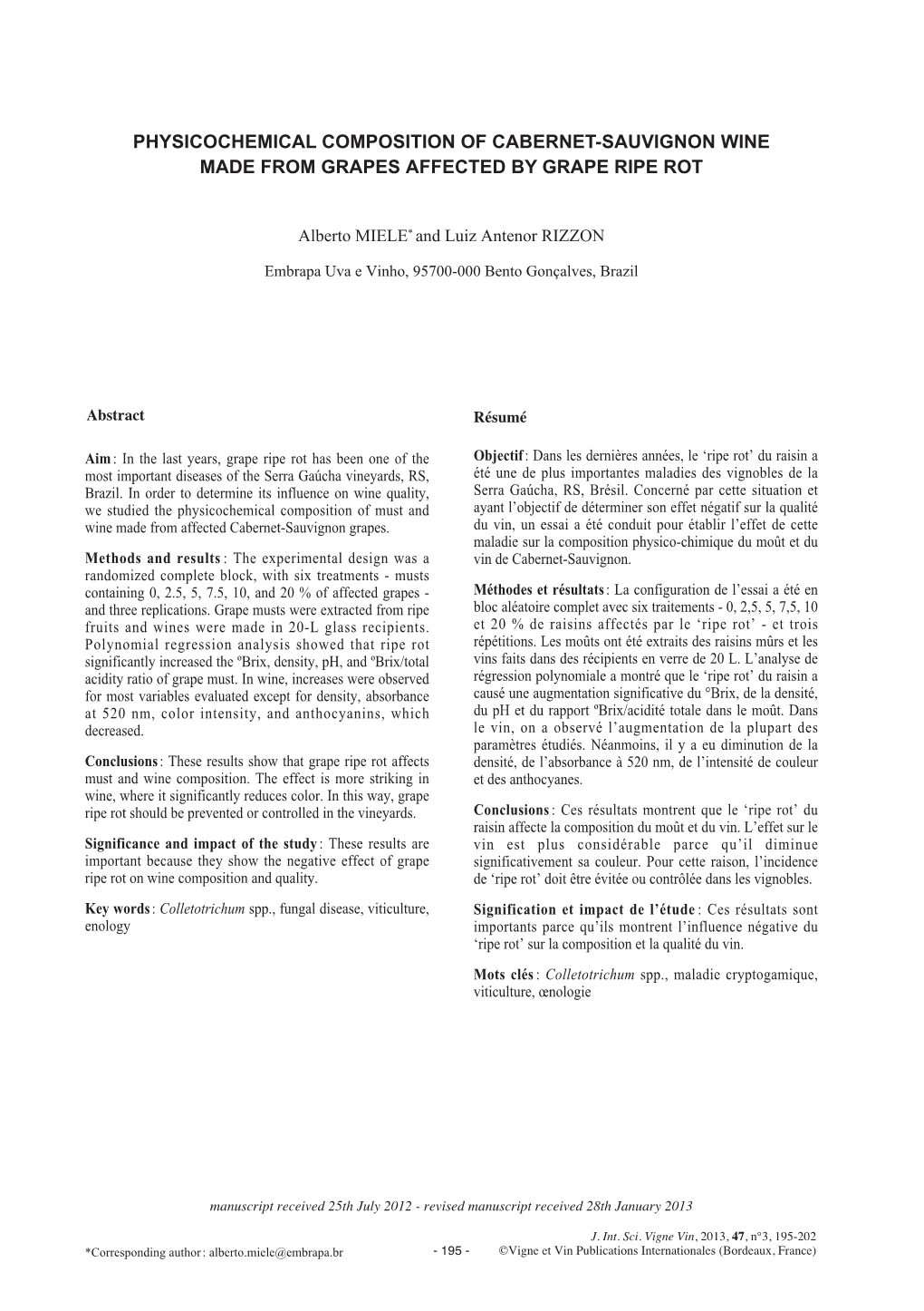 Physicochemical Composition of Cabernet-Sauvignon Wine Made from Grapes Affected by Grape Ripe Rot