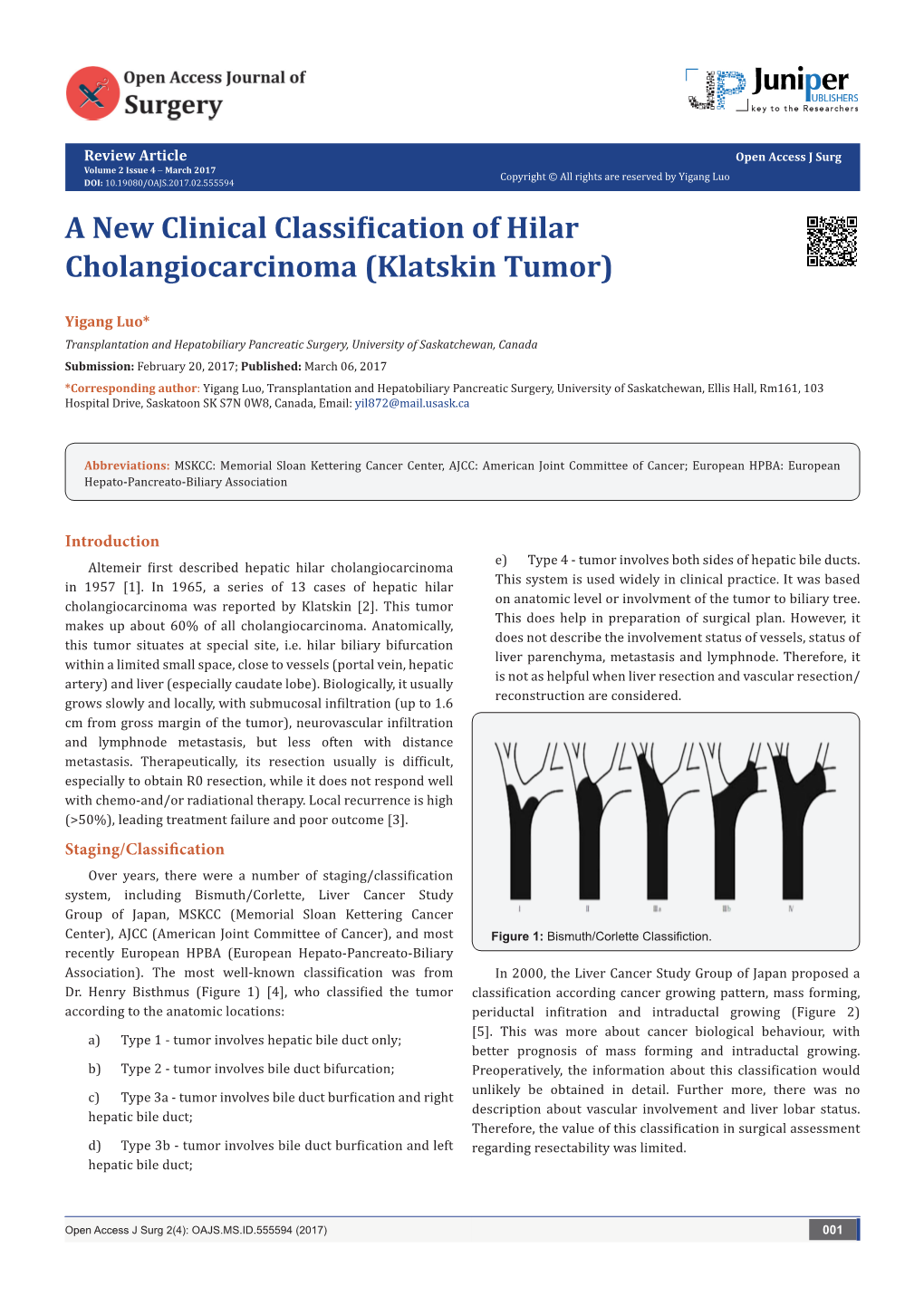 A New Clinical Classification of Hilar Cholangiocarcinoma (Klatskin Tumor)