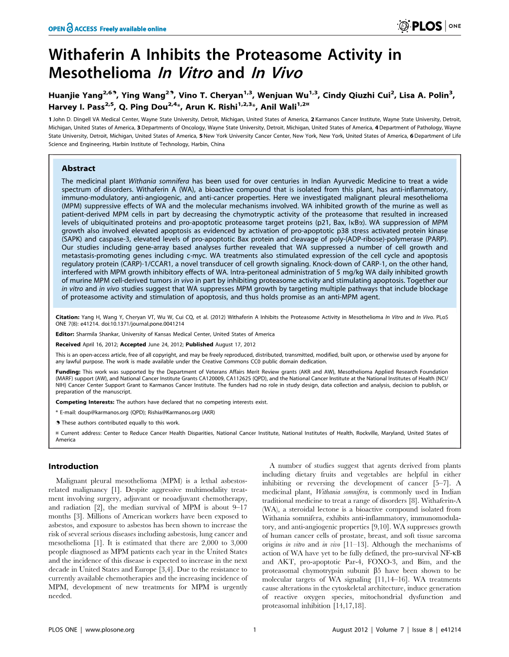 Withaferin a Inhibits the Proteasome Activity in Mesothelioma in Vitro and in Vivo