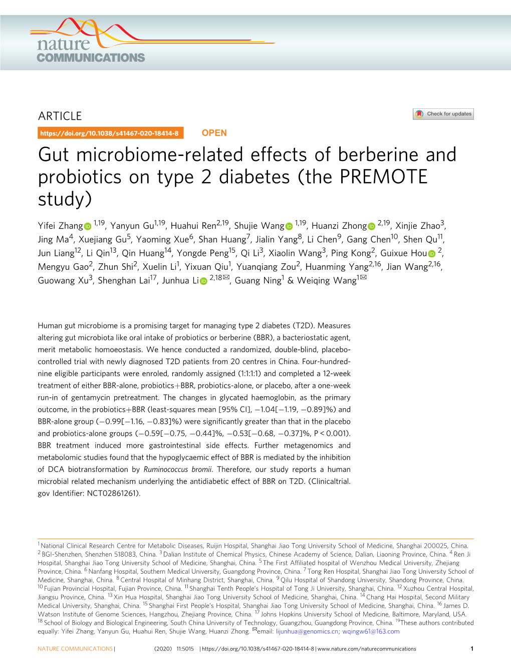 Gut Microbiome-Related Effects of Berberine and Probiotics on Type 2 Diabetes (The PREMOTE Study)