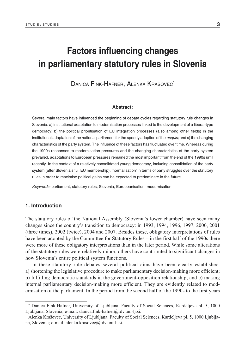 Factors Influencing Changes in Parliamentary Statutory Rules in Slovenia