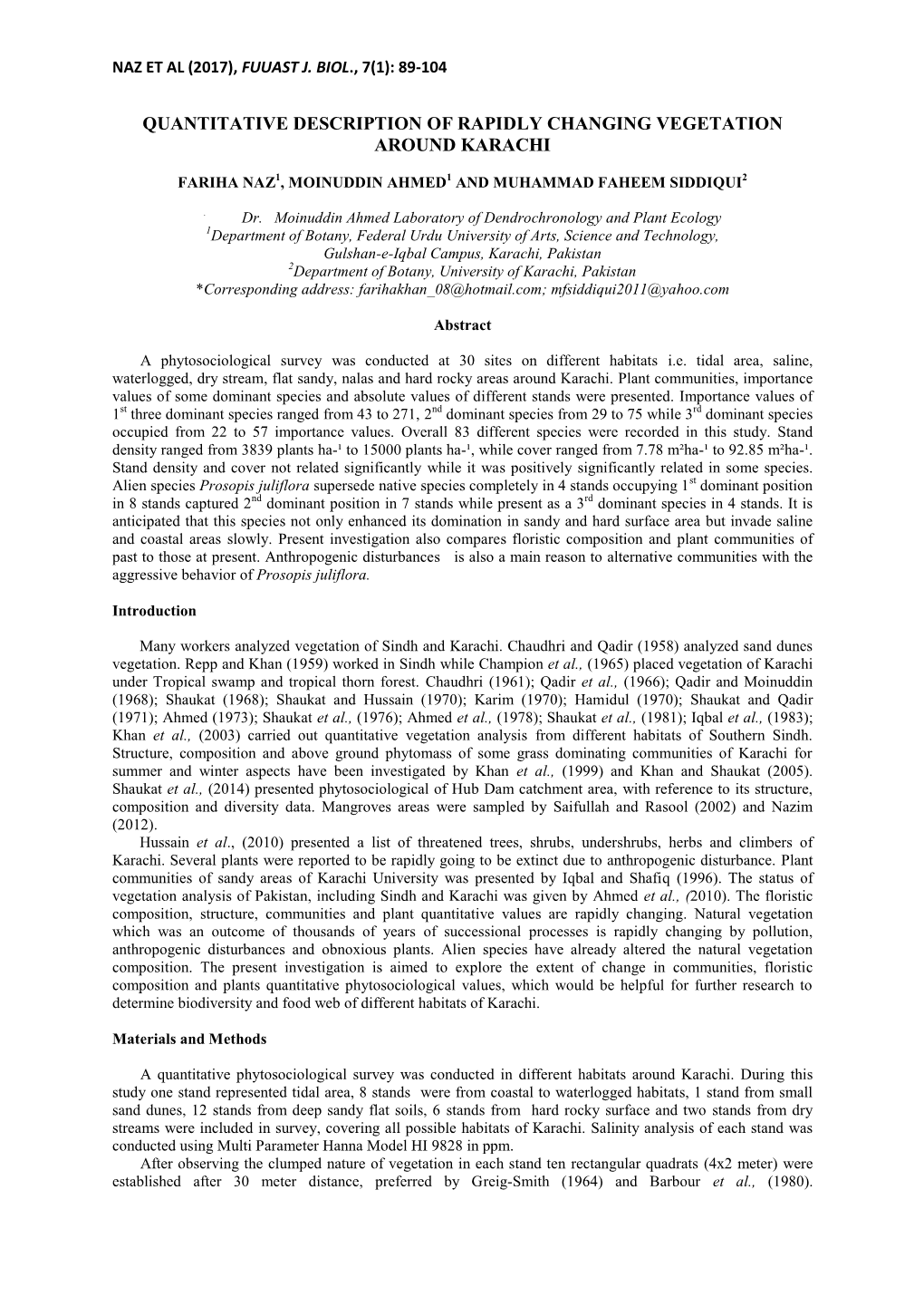 Quantitative Description of Rapidly Changing Vegetation Around Karachi