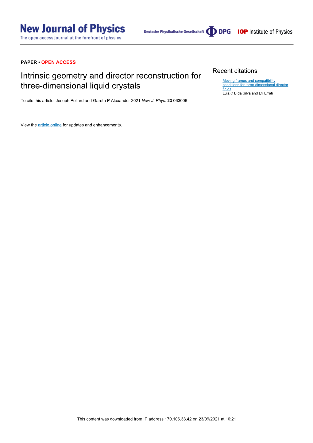 PDF, Intrinsic Geometry and Director Reconstruction for Three-Dimensional Liquid Crystals