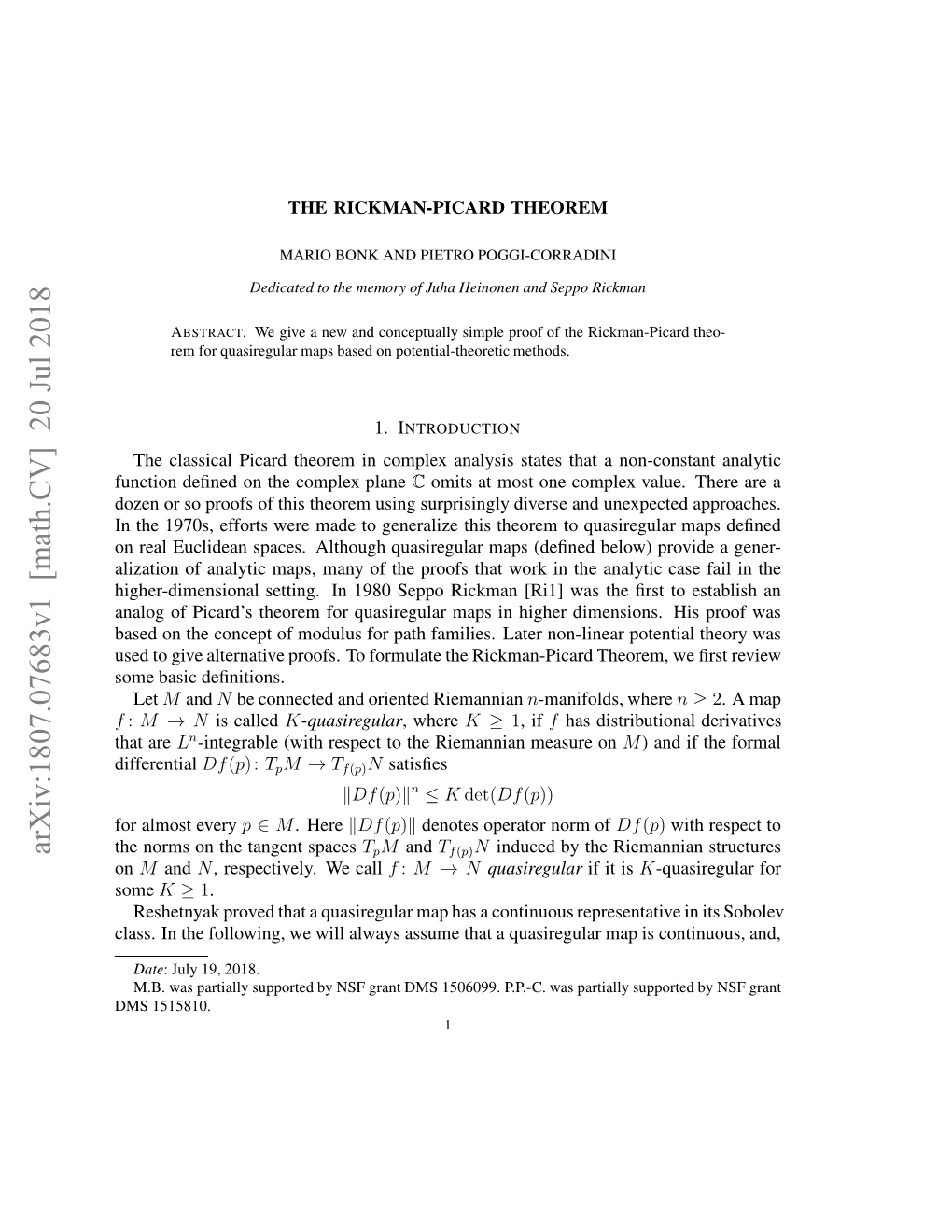 Arxiv:1807.07683V1 [Math.CV] 20 Jul 2018 Htare That F Differential Ucindﬁe Ntecmlxplane Complex the on Deﬁned Function Ae Ntecneto Ouu O Ahfmle.Ltrnon- Deﬁnitions