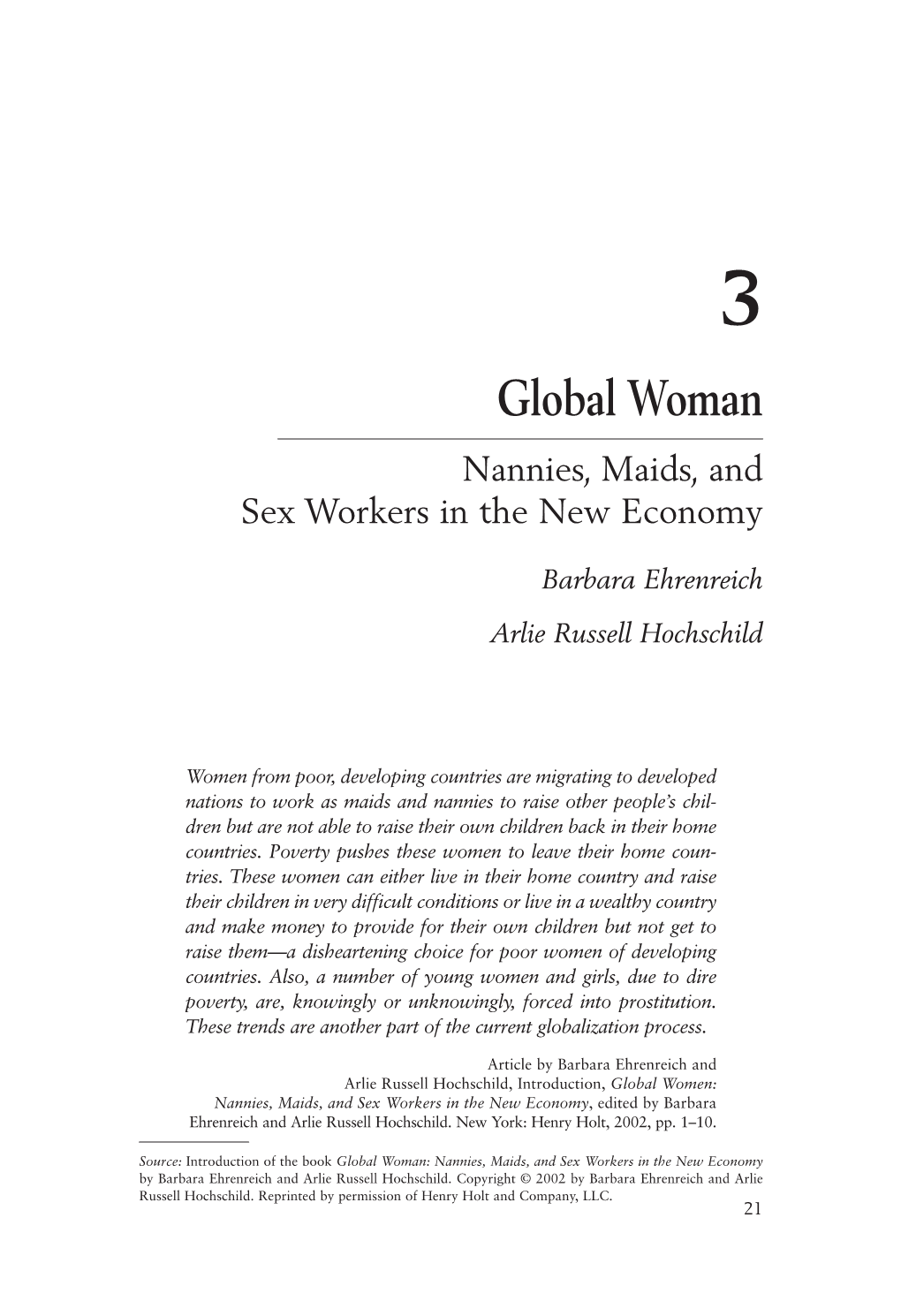 Global Woman Nannies, Maids, and Sex Workers in the New Economy