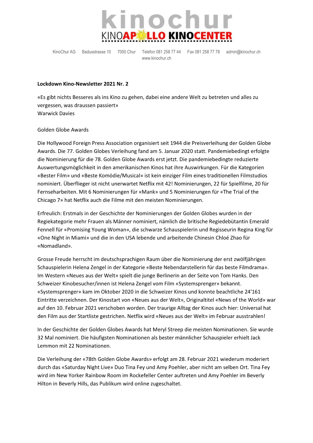 Lockdown Kino-Newsletter 2021 Nr. 2