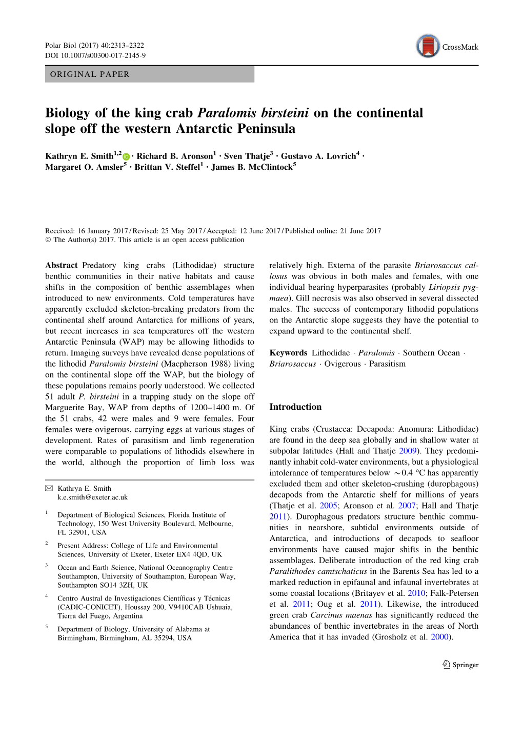 Biology of the King Crab Paralomis Birsteini on the Continental Slope Off the Western Antarctic Peninsula