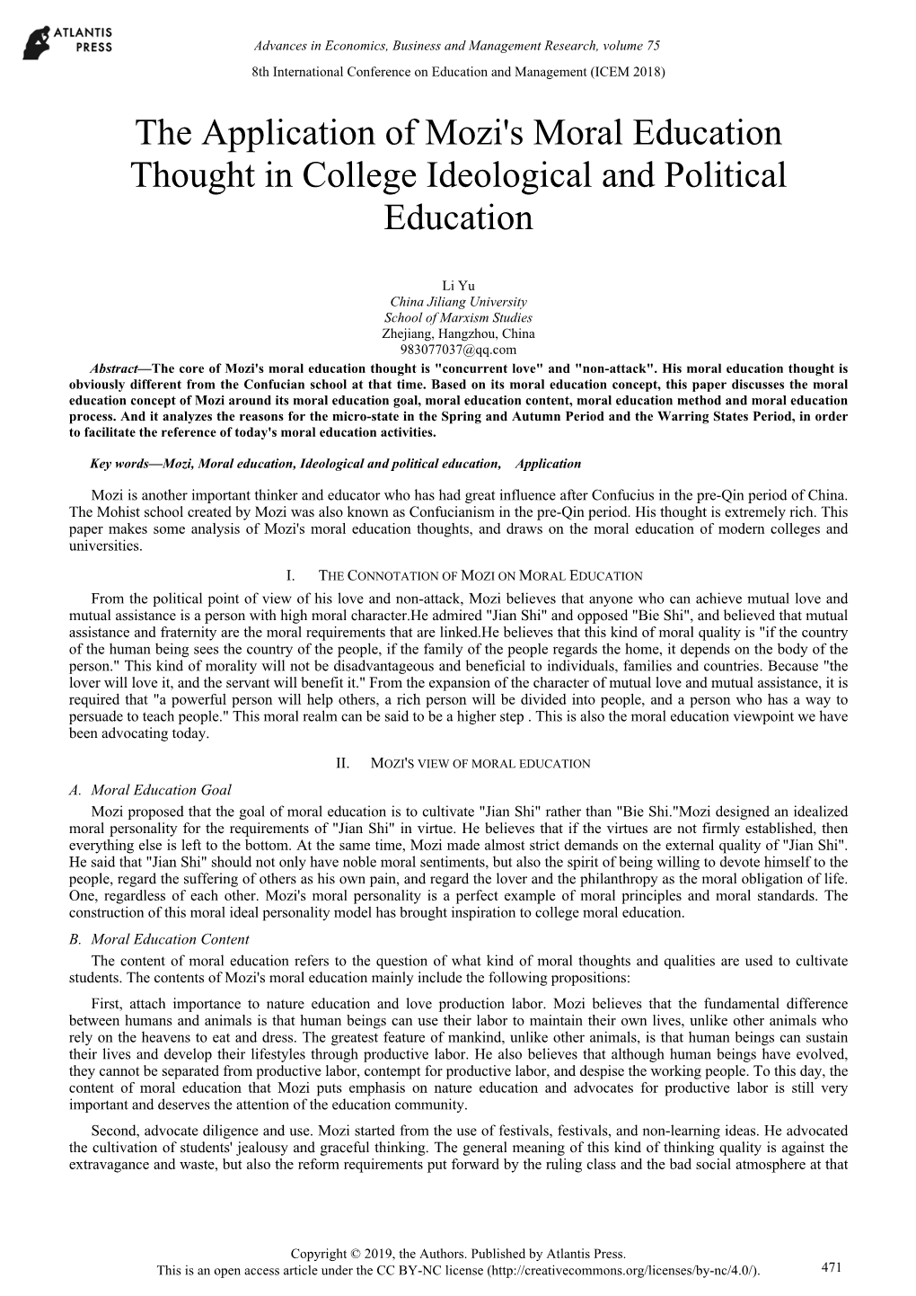 The Application of Mozi's Moral Education Thought in College Ideological and Political Education