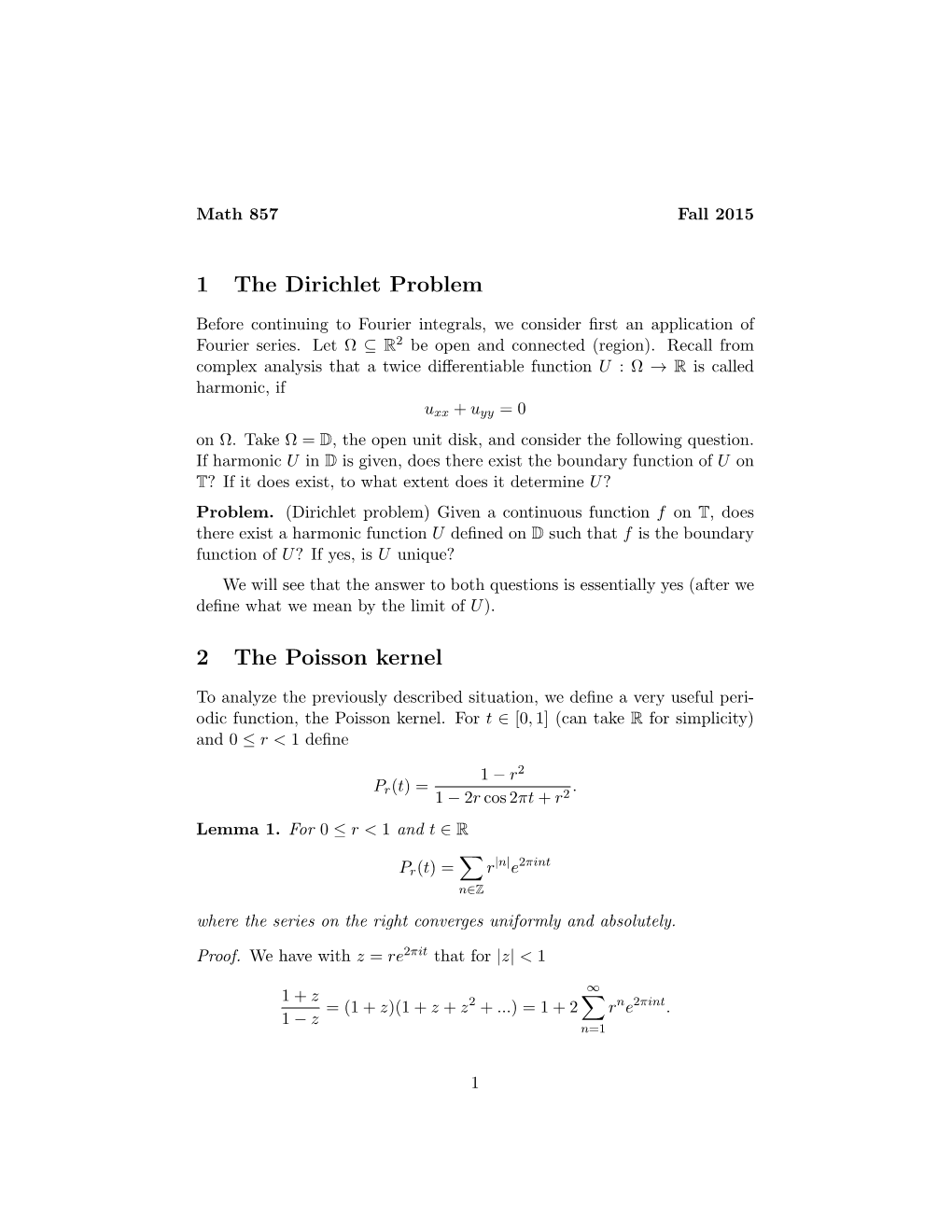 1 the Dirichlet Problem 2 the Poisson Kernel