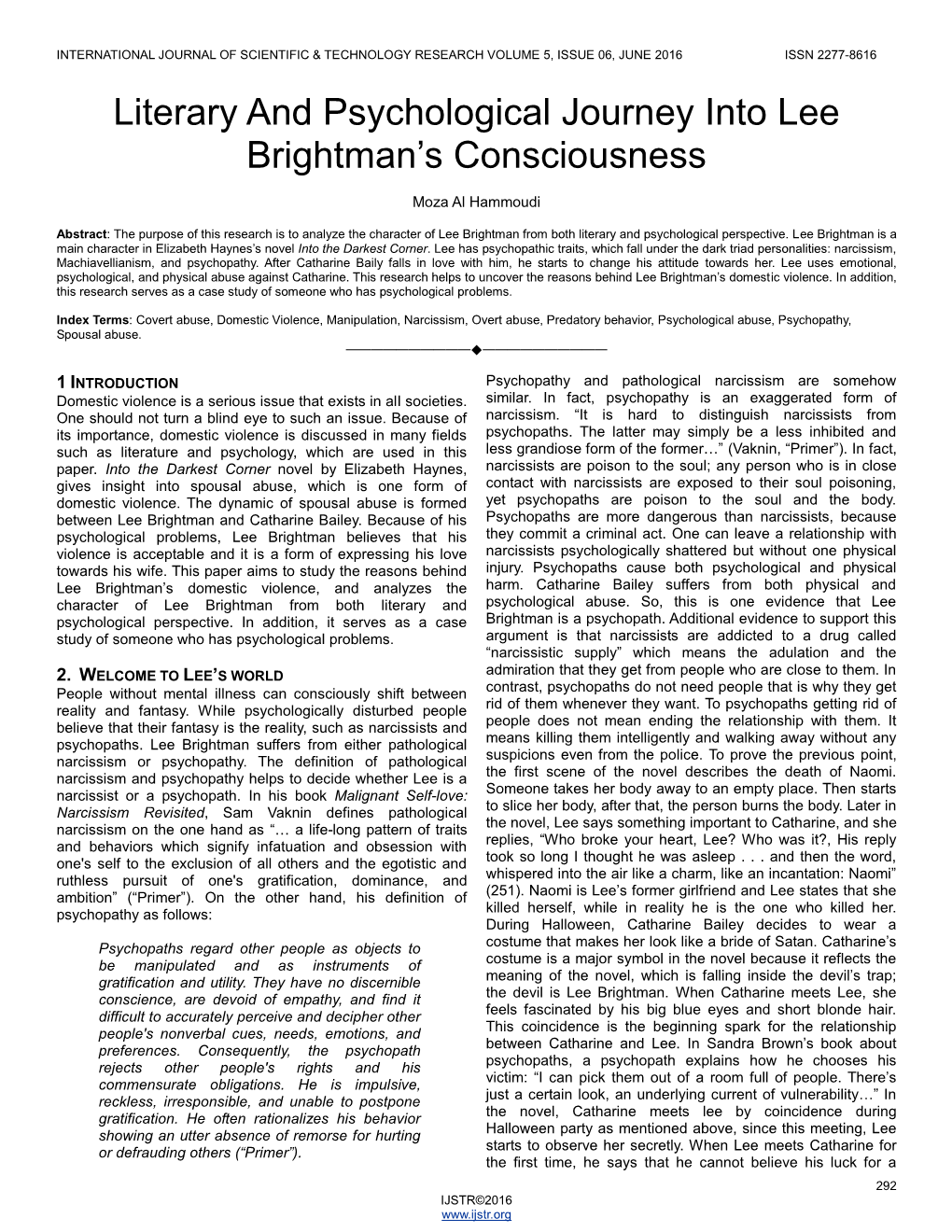 Literary and Psychological Journey Into Lee Brightman's Consciousness