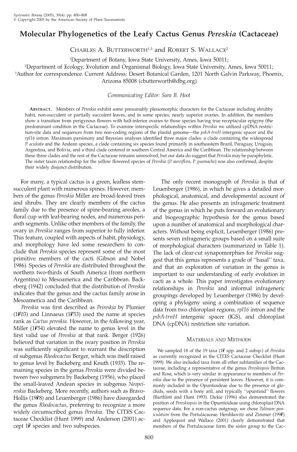 Molecular Phylogenetics of the Leafy Cactus Genus Pereskia (Cactaceae)