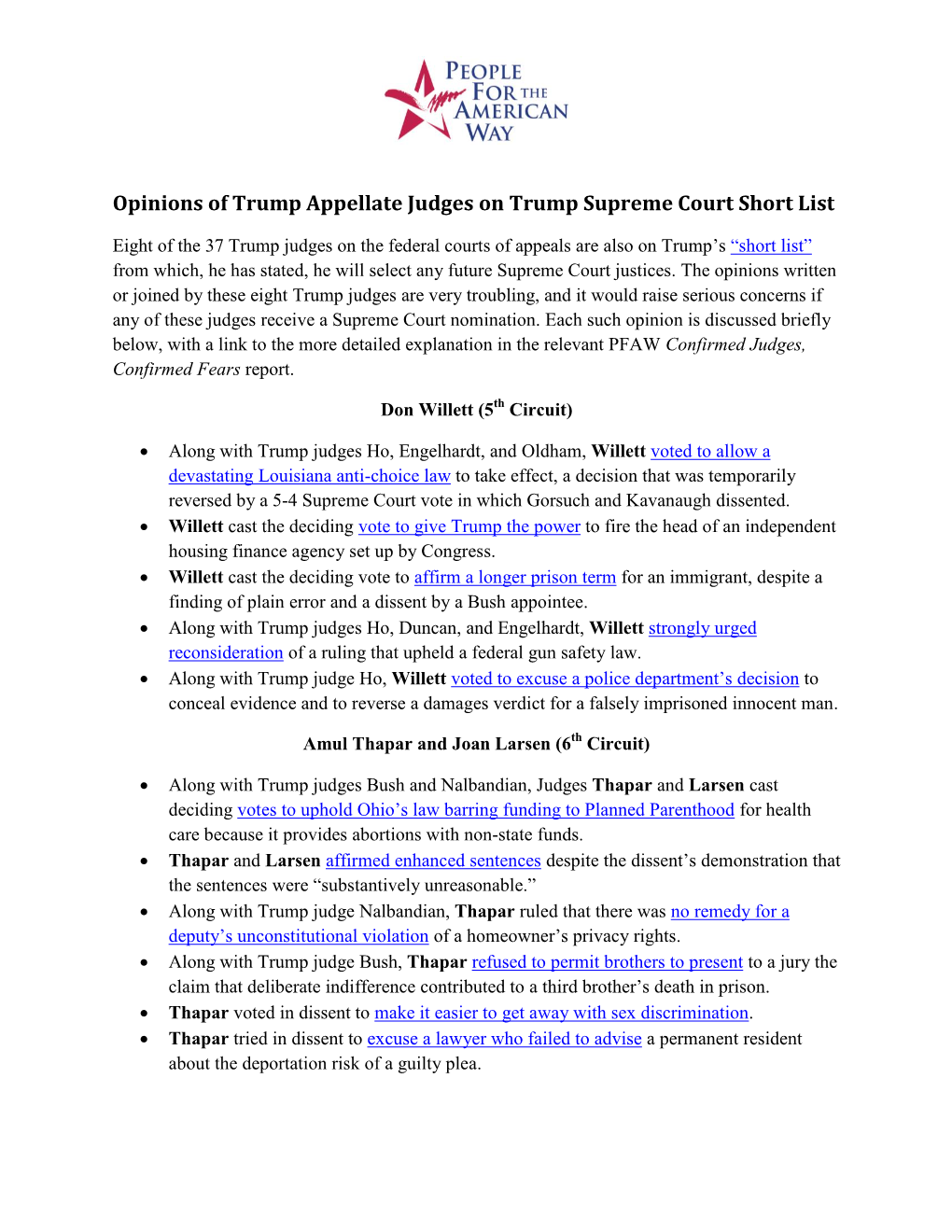 Opinions of Trump Appellate Judges on Trump Supreme Court Short List