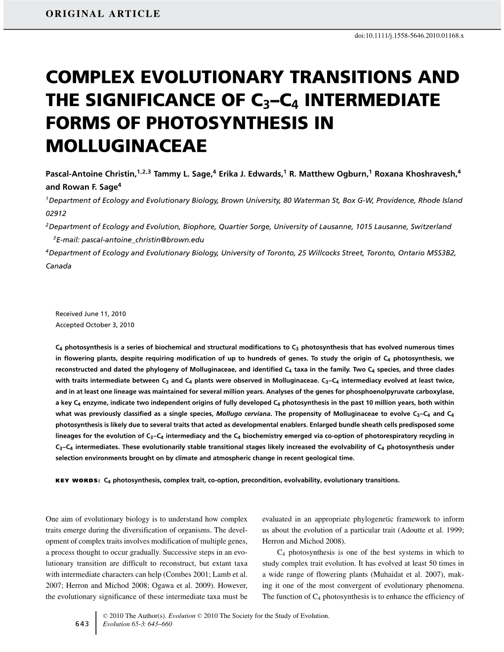 Complex Evolutionary Transitions and the Significance of C3–C4 Intermediate Forms of Photosynthesis in Molluginaceae