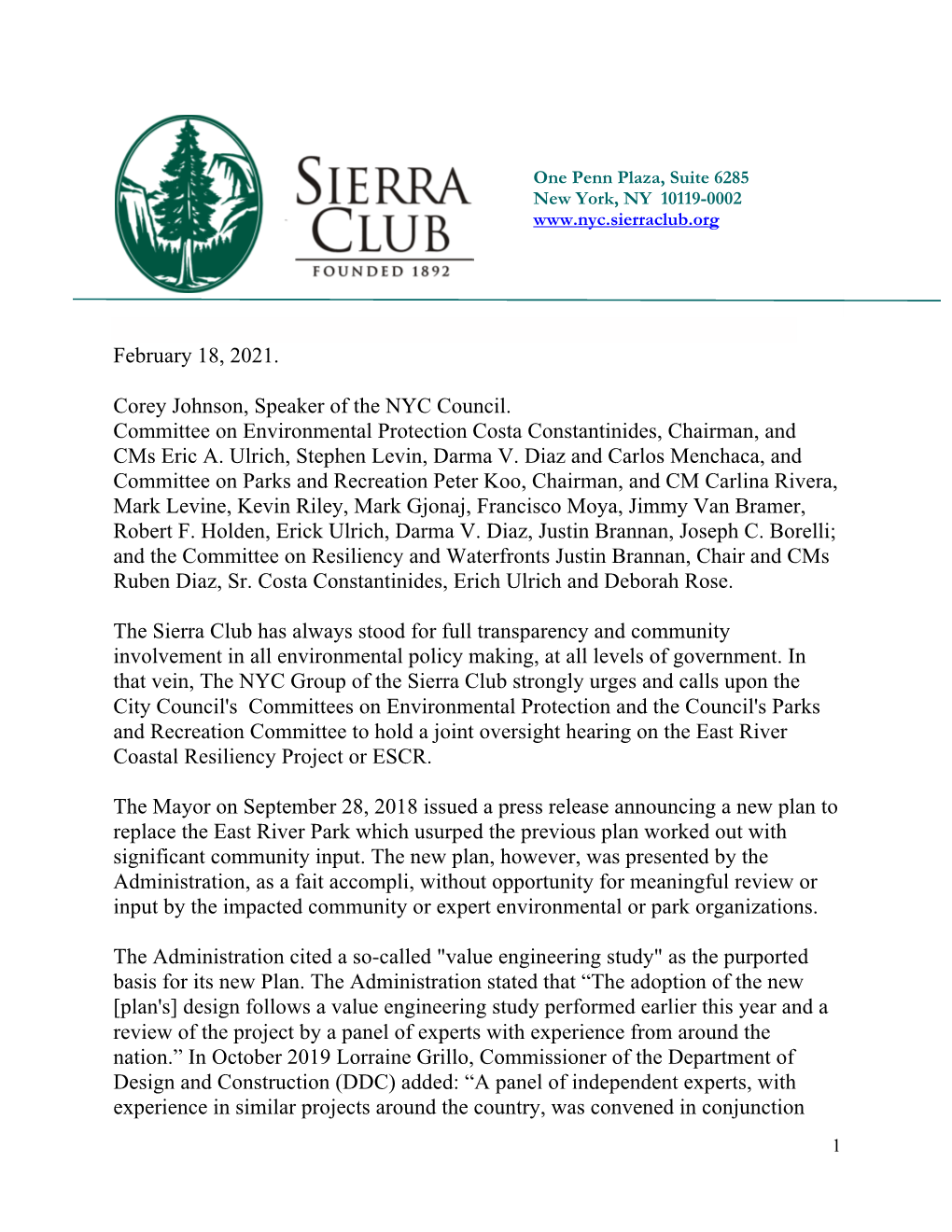 2021-2-18 Sierra Club Urges a Hearing