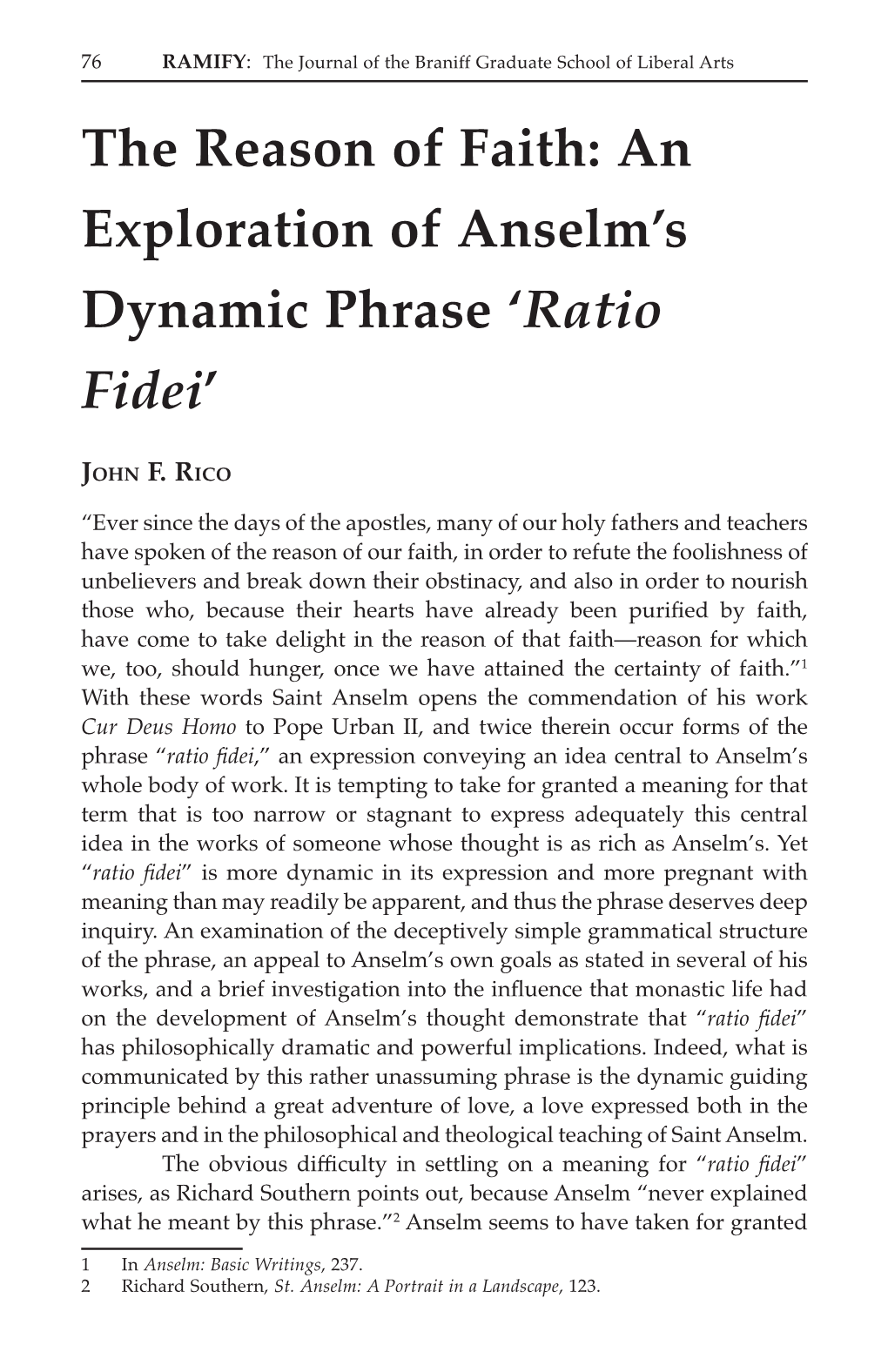 An Exploration of Anselm's Dynamic Phrase 'Ratio Fidei'