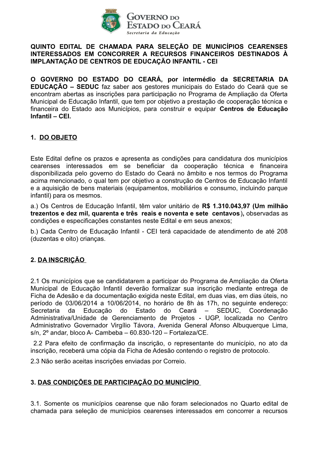 Quinto Edital De Chamada Para Seleção De Municípios Cearenses