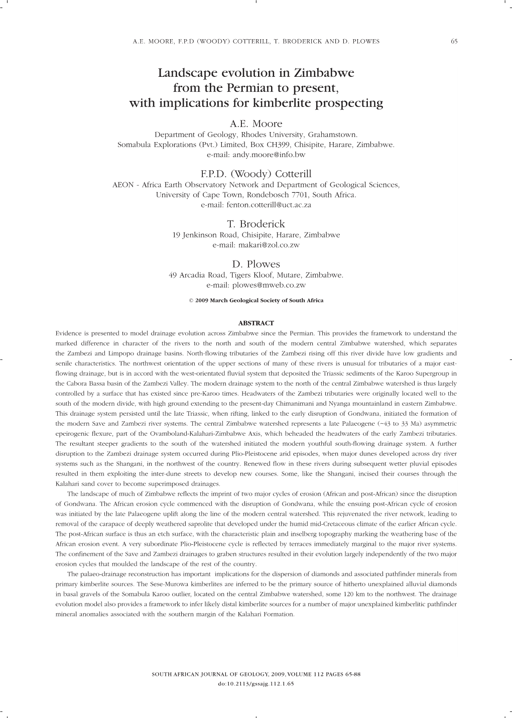 Landscape Evolution in Zimbabwe from the Permian to Present, with Implications for Kimberlite Prospecting A.E