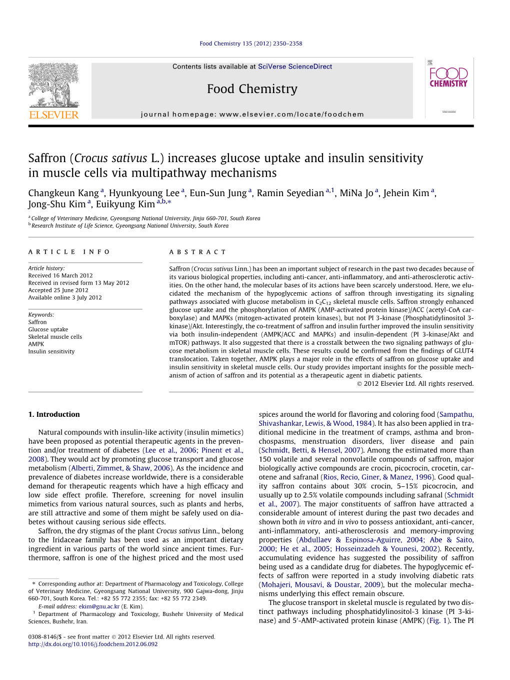 Saffron (Crocus Sativus L.) Increases Glucose Uptake and Insulin Sensitivity in Muscle Cells Via Multipathway Mechanisms