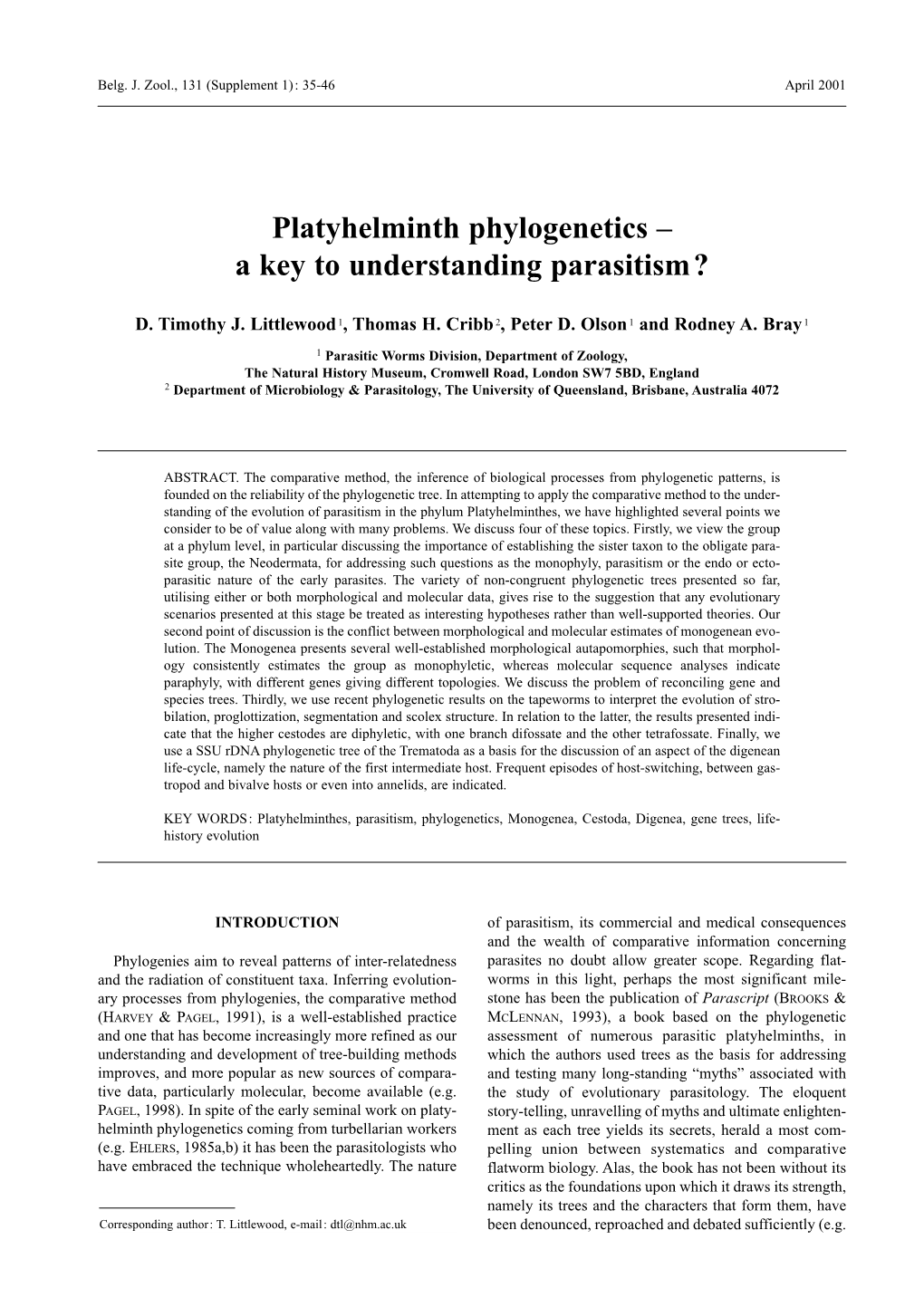 Platyhelminth Phylogenetics – a Key to Understanding Parasitism?