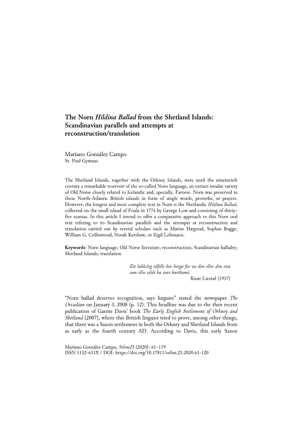 The Norn Hildina Ballad from the Shetland Islands: Scandinavian Parallels and Attempts at Reconstruction/Translation