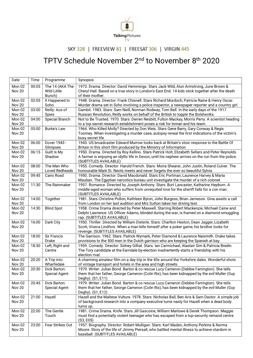 TPTV Schedule November 2Nd to November 8Th 2020