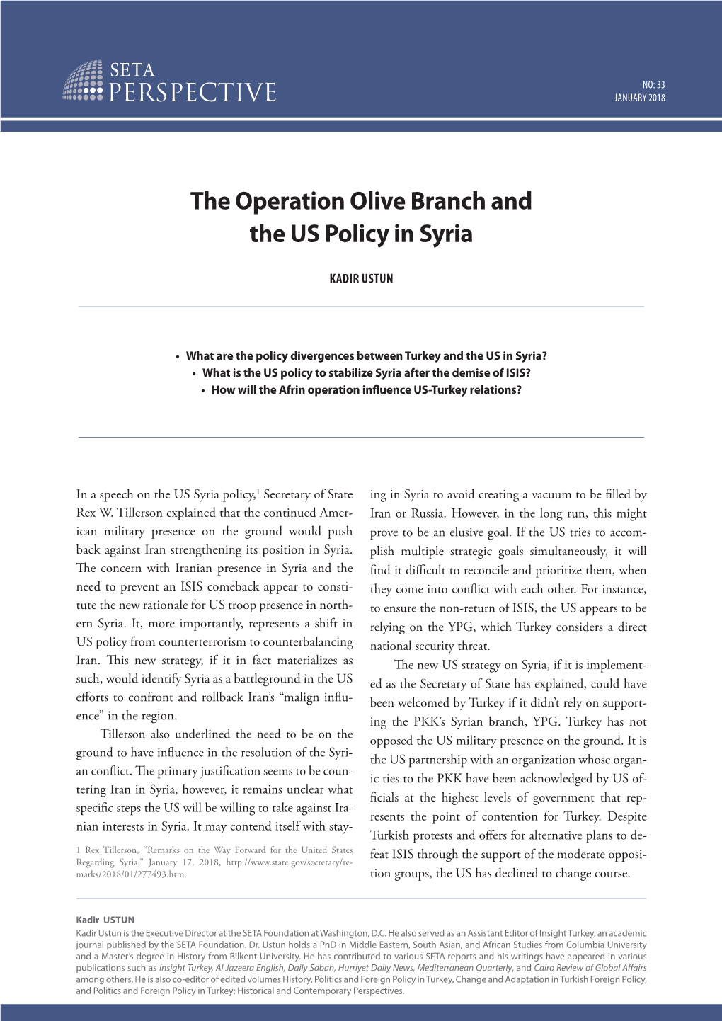 The Operation Olive Branch and the US Policy in Syria