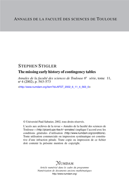 The Missing Early History of Contingency Tables Annales De La Faculté Des Sciences De Toulouse 6E Série, Tome 11, No 4 (2002), P