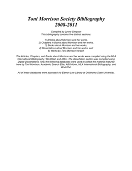 Toni Morrison Society Bibliography 2008-2011