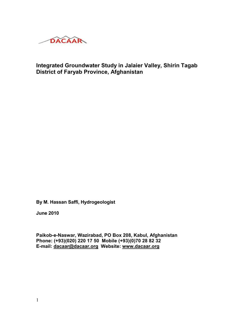 Integrated Groundwater Study in Jalaier Valley, Shirin Tagab District of Faryab Province, Afghanistan